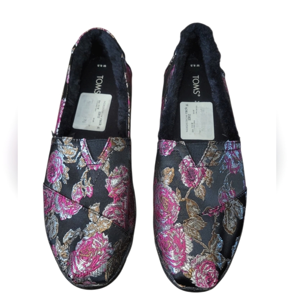 TOMS Women's Black and Pink Floral Loafers